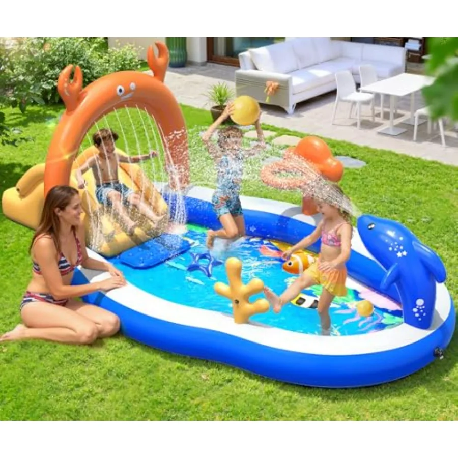 

Backyard inflatable water park for kids: PVC, blue, extra-large 120''x70''x50'' play center with slide, sprinkler, and kiddie p