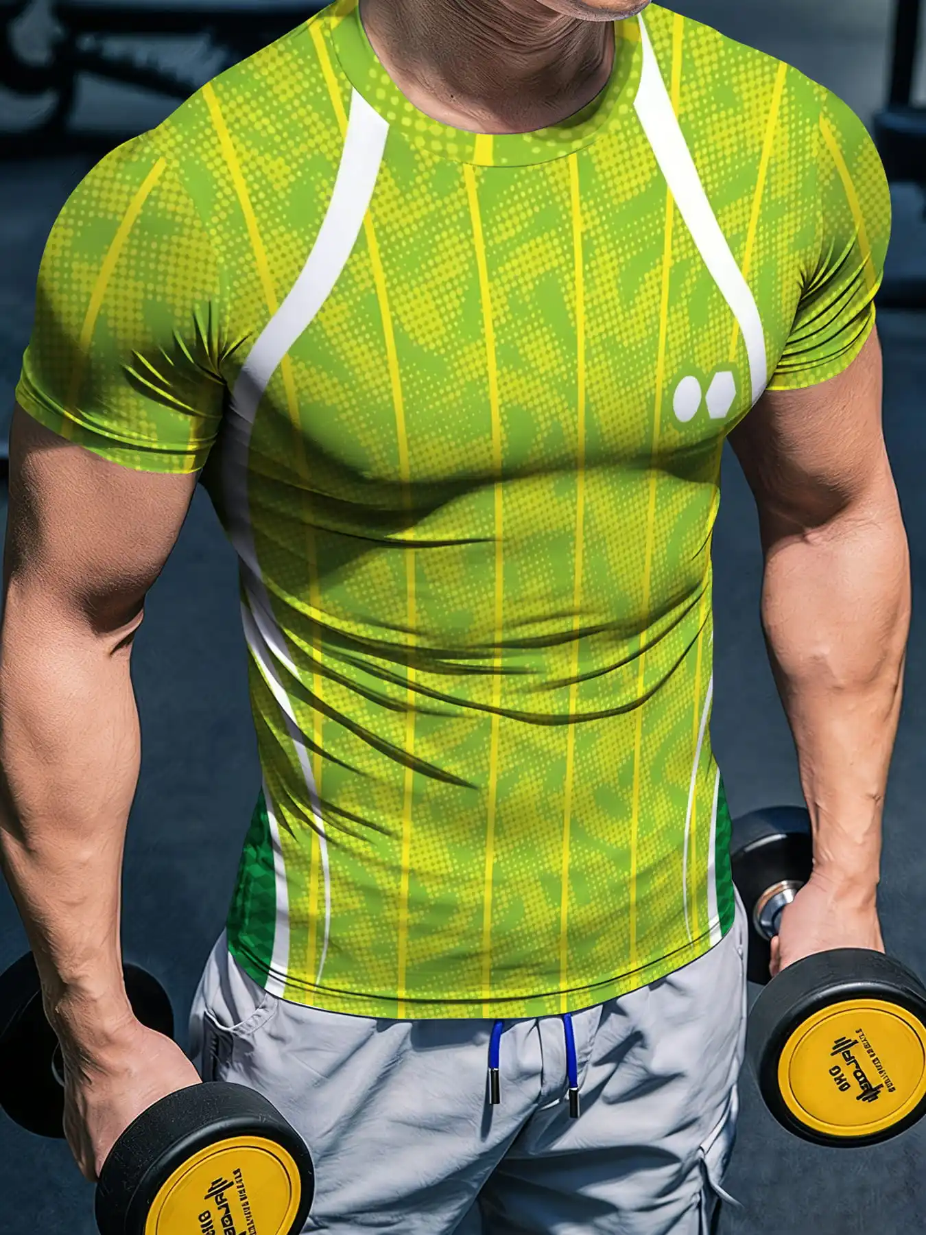 Men Sports Short Sleeve T-Shirt Quick Dry High Elastic Green Vertical Stripe Print Breathable Slim Fit Training Top view 2