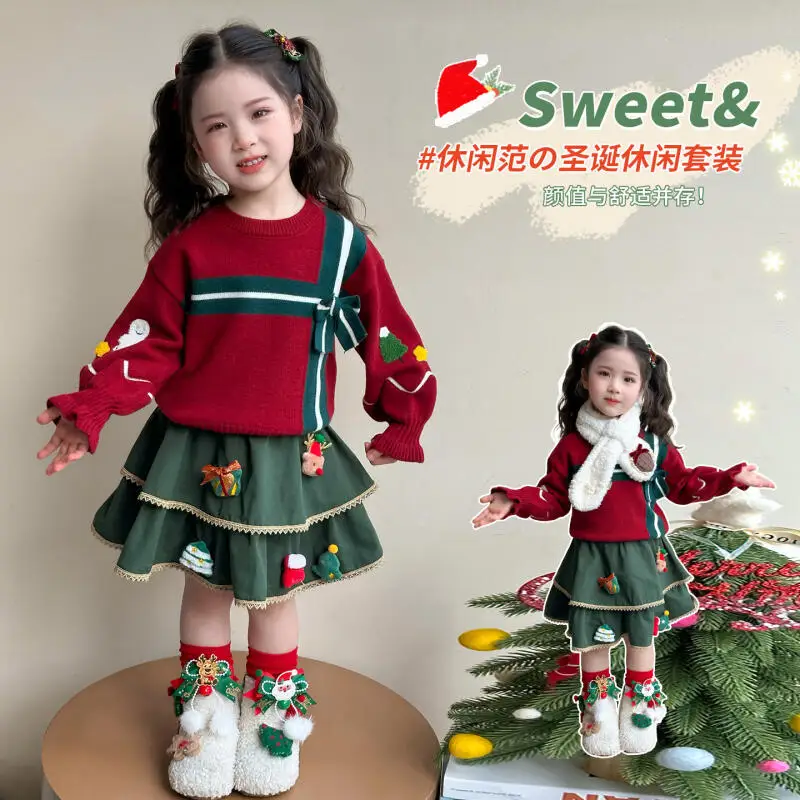 

Girls' Autumn Winter Kawaii Red Christmas Sweater 2Pcs 2025 New Cartoon Anime Fashion Sweet Comfort Cake Skirt Set Holiday Gifts