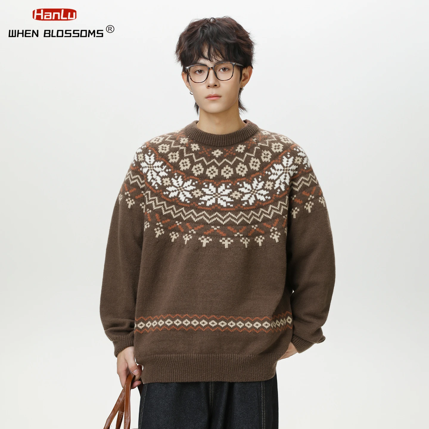 Hanlu 2025 Men's Fair Isle Sweater Vintage American Style Textured Knitwear Oversized Casual Crewneck Pullover