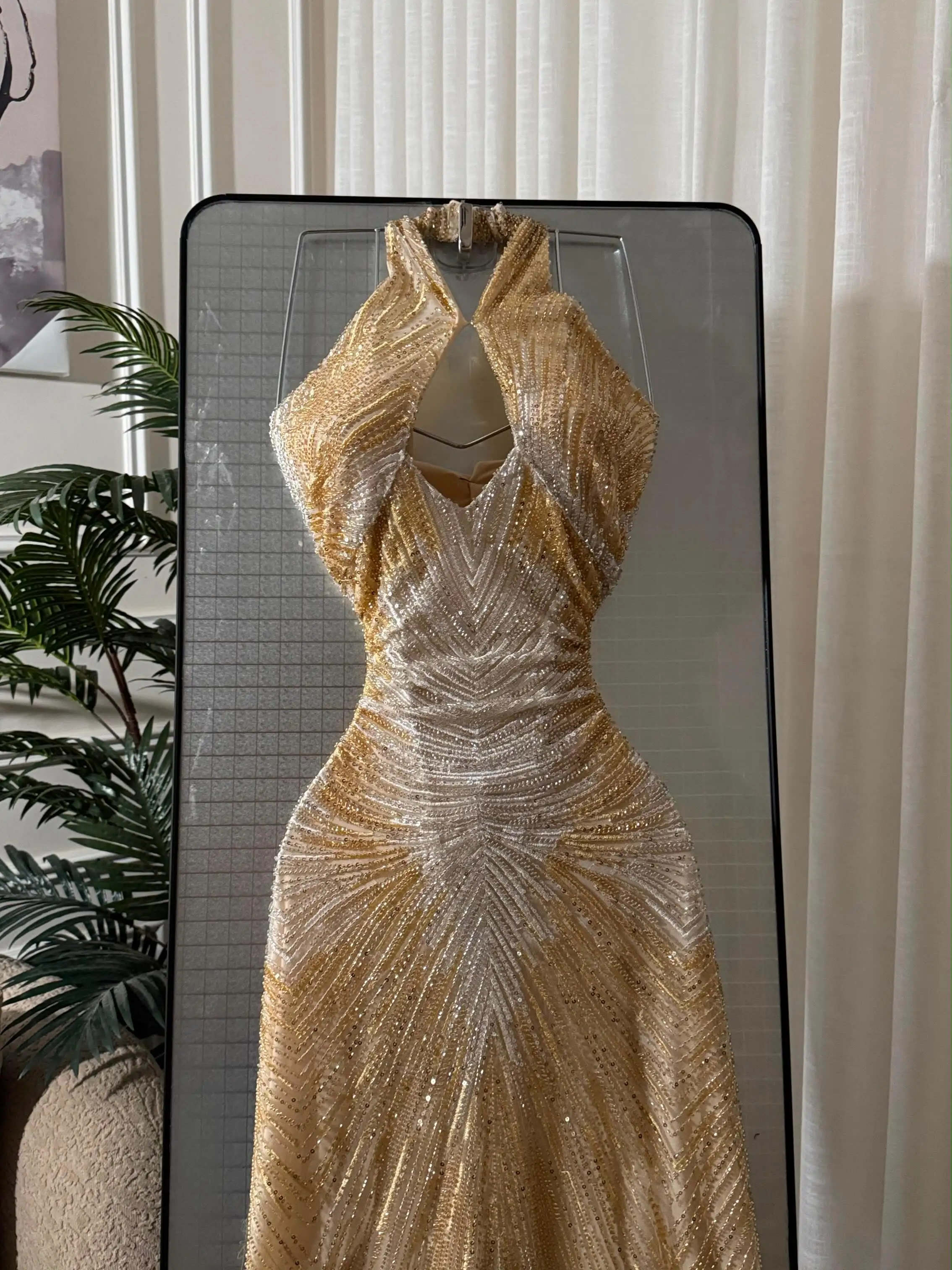 Champagne Gold Prom Dress Halter Keyhole Neck Backless Sunburst Radial Gradient Beaded Mesh Fitted Mermaid Irregular Hem Skirt W