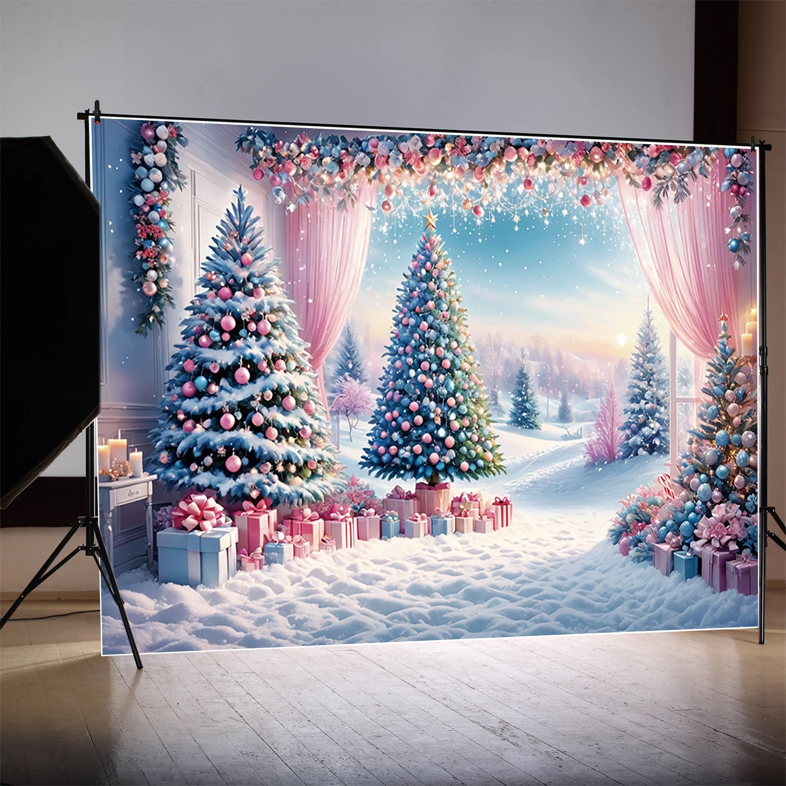 MOON.QG Christmas Tree Pine Curtain Photography Backdrop Winter Snow Field Photo Studio Background 2024 Custom Photoshoot Props