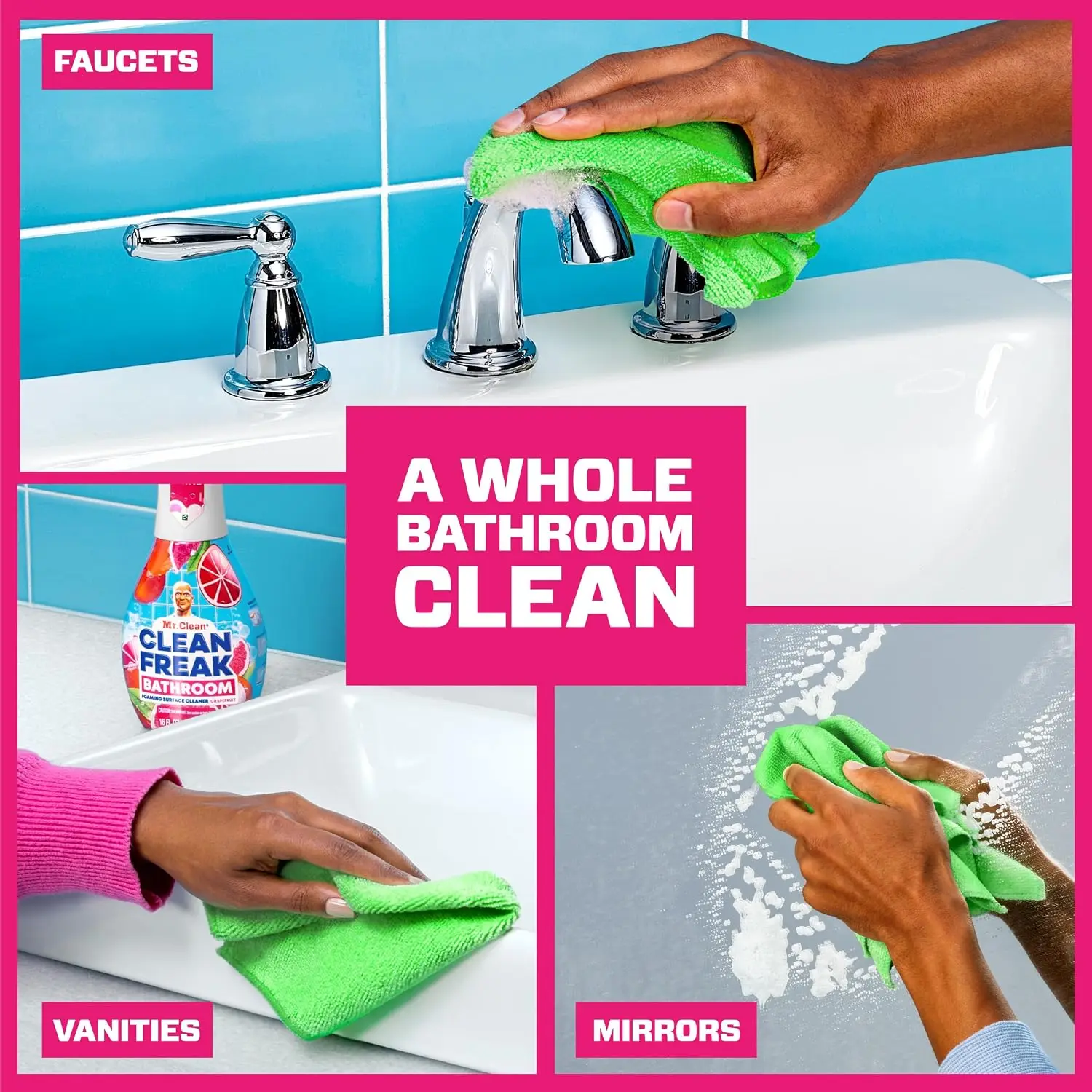 Foaming Bathroom Cleaner Multi-Surface Spray with Power Nozzle and Refill Bundle, Grapefruit Scent, 64 fl oz