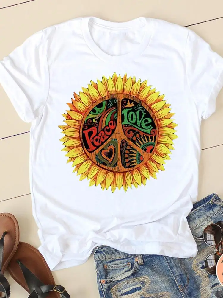 T-shirts Graphic Tee Clothing Summer Short Sleeve Ladies Flower Peace Lovely Casual Women Fashion Female T Shirt Clothes