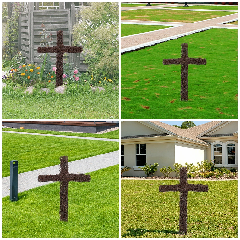 

2pcs Decor Woven Garden Decoration Festival Cross Ornament Outdoor Woven Cross Shaped Decor For Yard Garden Park Rattan Craft