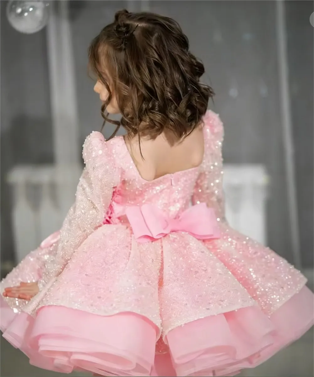 Luxe bloemenmeisje trouwjurk lovertjes met strik volledige mouwen knielengte kinderverjaardagsfeestje eerste communiejurk op maat