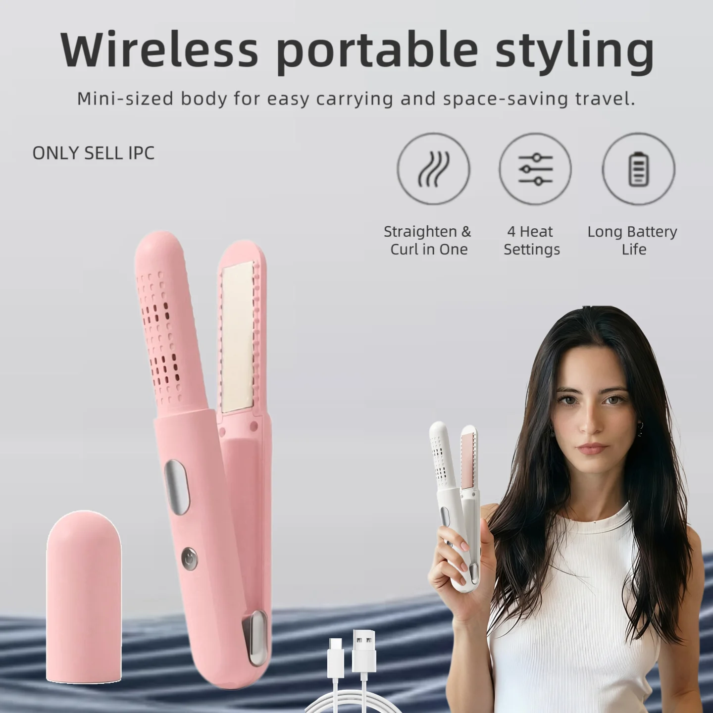 2-in-1 hair straightener, USB rechargeable portable hair straightener, suitable for women's travel and family salons