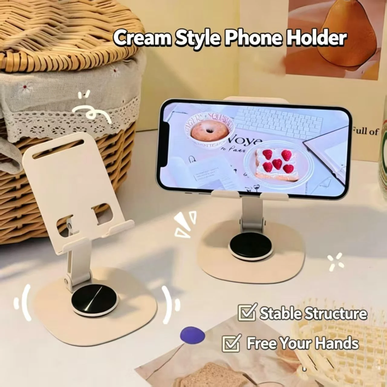 Cream Style Carbon Steel Portable Desktop Holder Adjustable Foldable Phone Stand Desk Office for iPhone Samsung