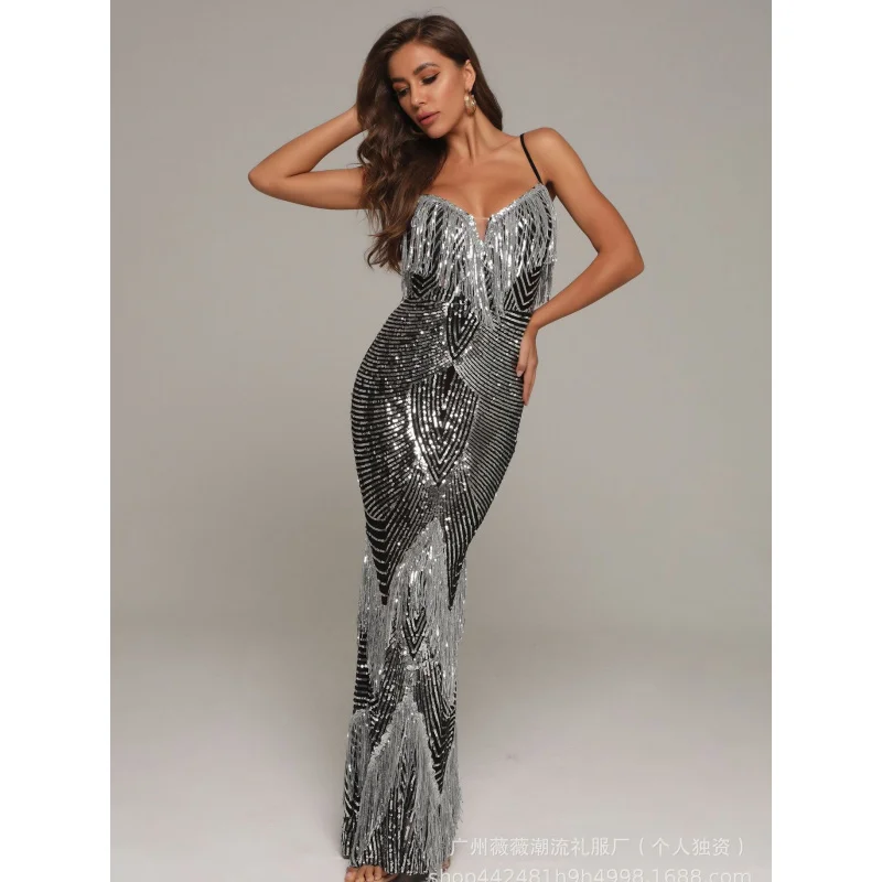 Nieuwe aankomst damesmode spaghetti jurk zilver kwastje pailletten sexy bodycon runway podium avondjurk