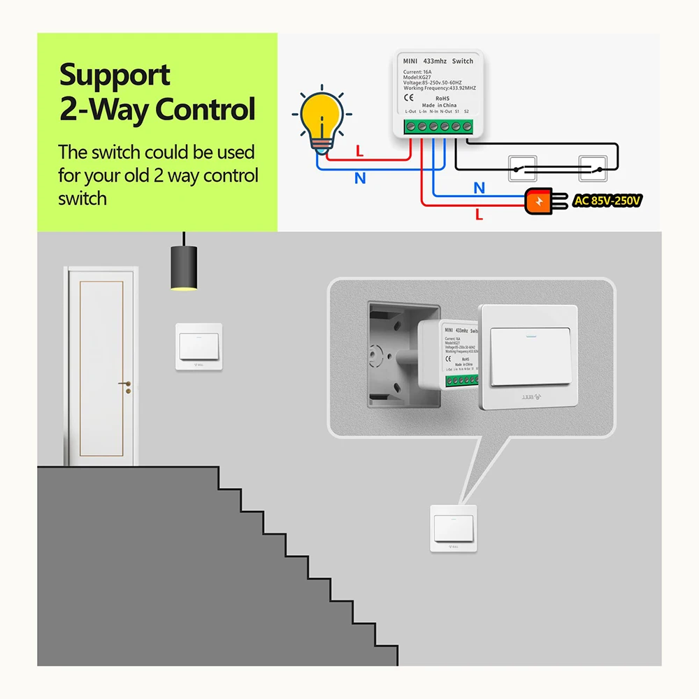 433 Mhz Wireless Remote Control Mini Light Switch Supports 2 Way Control 220v Relay Moudle Timing Control for Home Lamp Led Fan