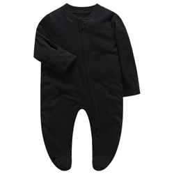 Pijama con reposapiés para recién nacido, ropa de bebé con cremallera, mono sólido de una pieza, algodón negro, ropa para recién nacido, envío gratis