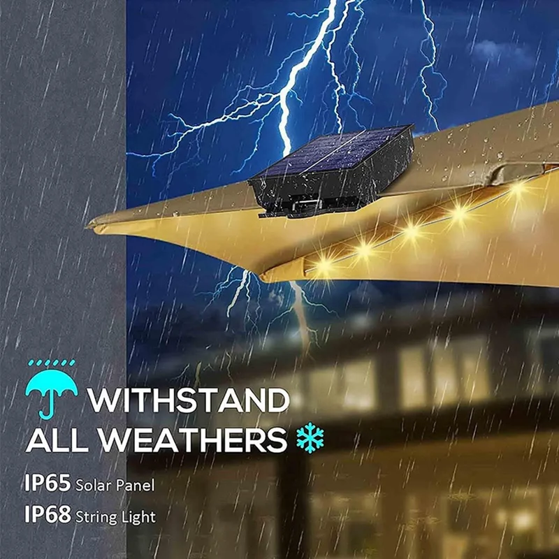 Luzes de guarda-chuva solares com controle remoto, lâmpada de guarda-chuva LED para pátio movido a energia solar com clipe para jardim, 8 modos 104 LED
