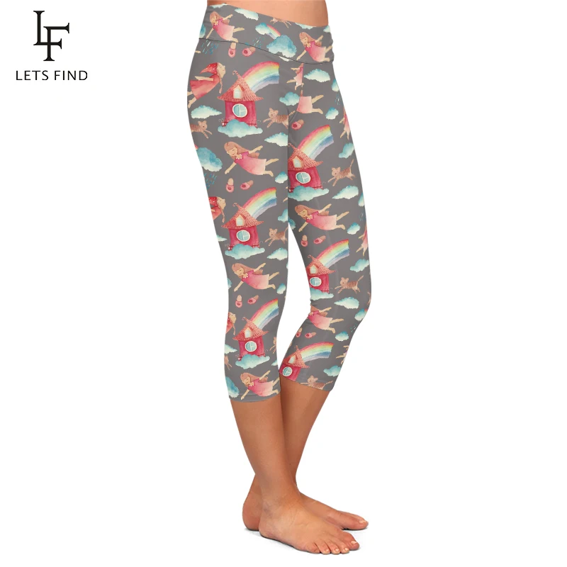 LETSFIND Mode Sommer Stil Digitaldruck Fitness Legggings Hohe Taille Capri Hosen Mid-Kalb 3/4 Casual Leggings