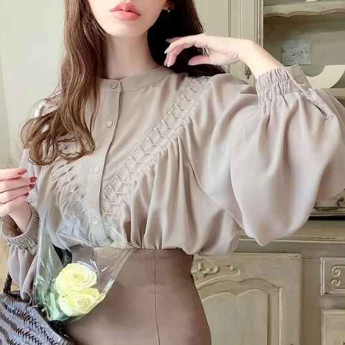 

Ele round Ne Pleated irt Loose Lantern Sve Chiffon Top 2024 Korean Sle Sweet Loose Fit Dstring Front Ba 2 Ways
