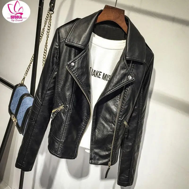 

SUSOLA Black PU Leather Jacket Women Cool Slim Short Motorcycle Jackets Female Autumn Coat Basic Street Outerwear