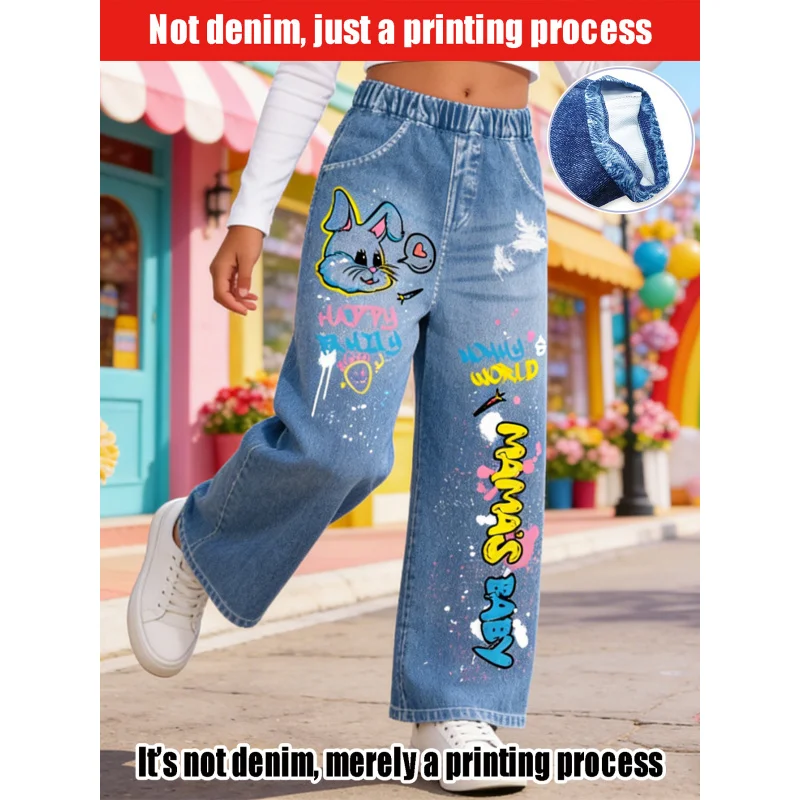 2026Children's Popular Cartoon Rabbit Graffiti Imitation Jeans Children Back to School Casual Fashion Long Pants