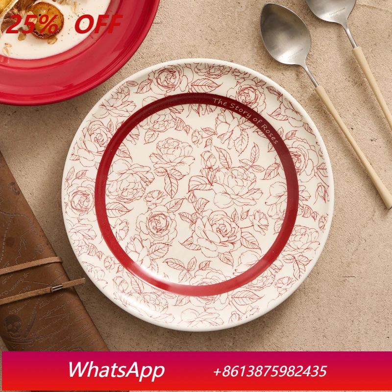 

LTT Ceramic Round Shallow Plate Home Dish Plate Underglaze French Beautiful Dinner Plate
