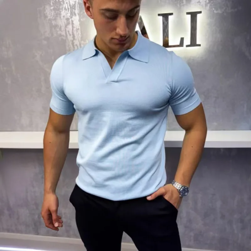 Summer New Men's Polo Shirts Collar Solid Color Casual Thin Knitted Top Men Fashion Slim Fit Short Sleeve Tees Shirt For Male