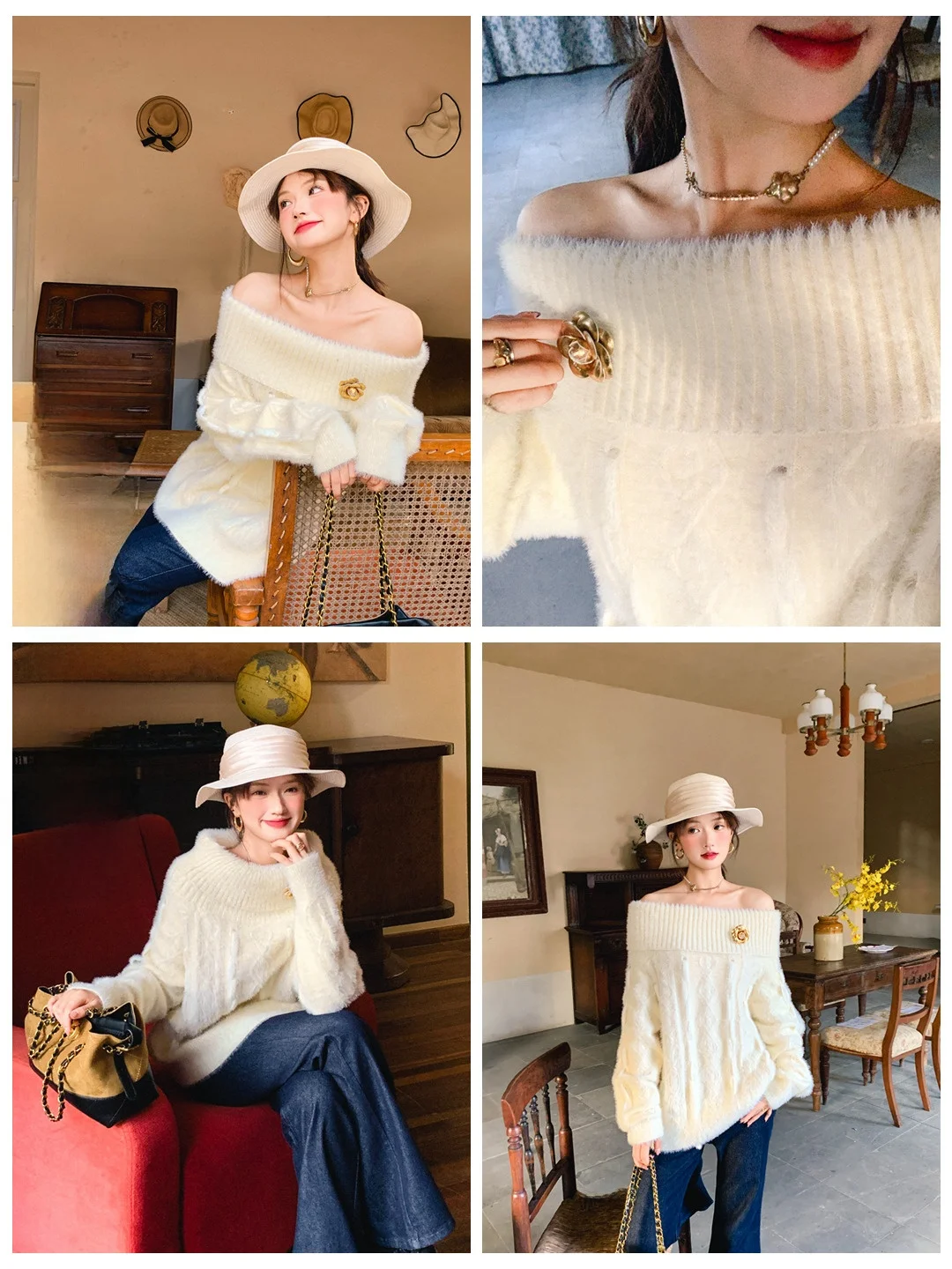 

Gula Liangpin Two-Way Collar One-oulder Sweater Ele Cisas Stage Design Winter Warm Thiened Long Sve Knitwear