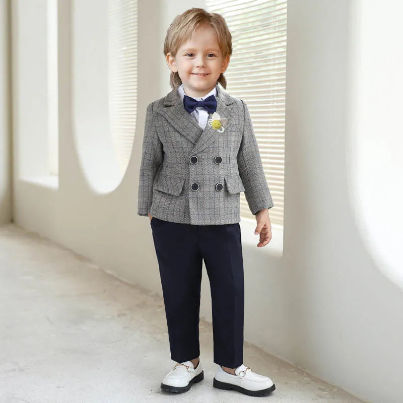 NewBorn Kids Ceremony Party Tuxedo Dress Boys Jacket Pants Bowtie Flower 4PCS Wedding Suit Baby Costume Children Photograph Suit