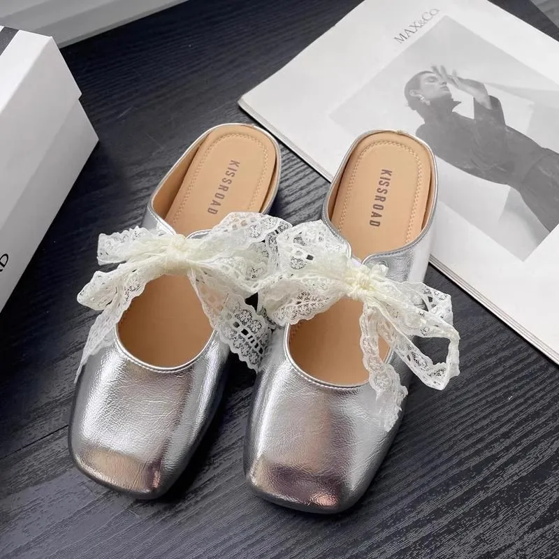 Low Heel Mary Jane Slippers Women's Outdoor Wear Spring Summer New Style Lace  Knot Head Cover Slippers Korean Style