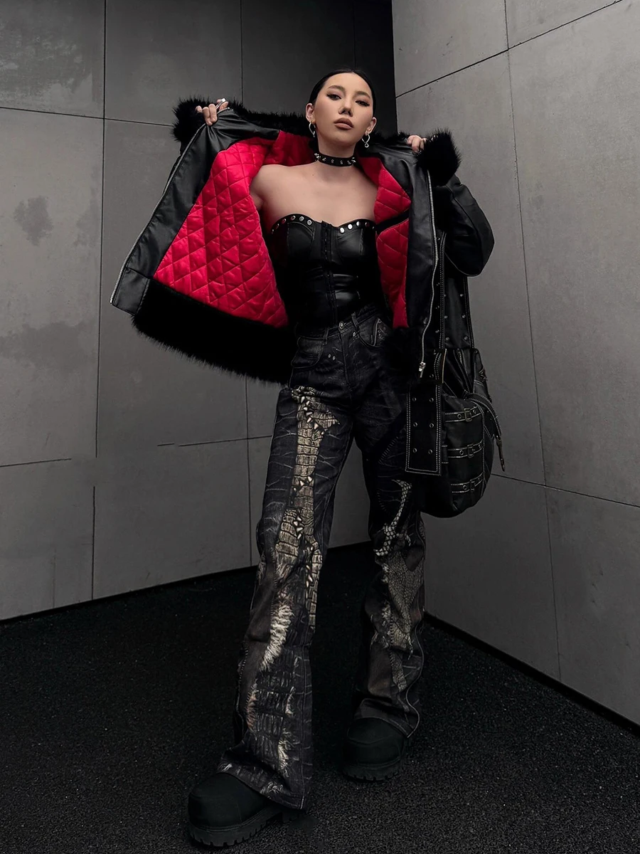 REDDACHiC Snake Textured Black Jeans Women Trousers Y2k Digital Print Cross High Waist Straight Wide Leg Pants Grunge Streetwear