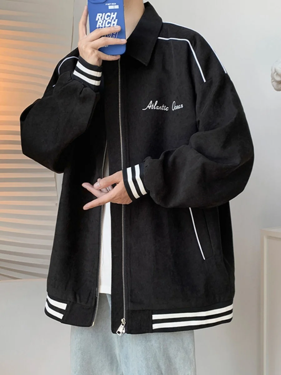 

y Sle Men's Baseball Jaet Oversize High Street Spring Autumn Flip Collar Coat Stand Fit Faionable Outerwear