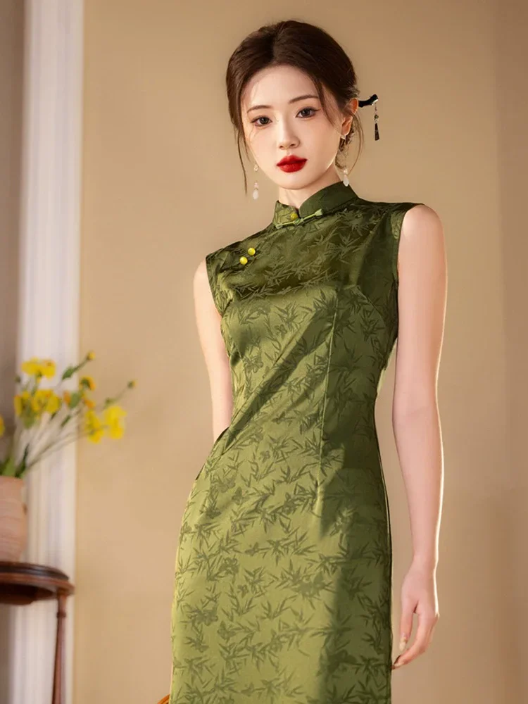 

Зеленый элегантный длинный Cheongsam в китайском стиле, новинка 2023 года, летнее винтажное жаккардовое платье Ципао без рукавов для молодых женщин, сексуальное платье