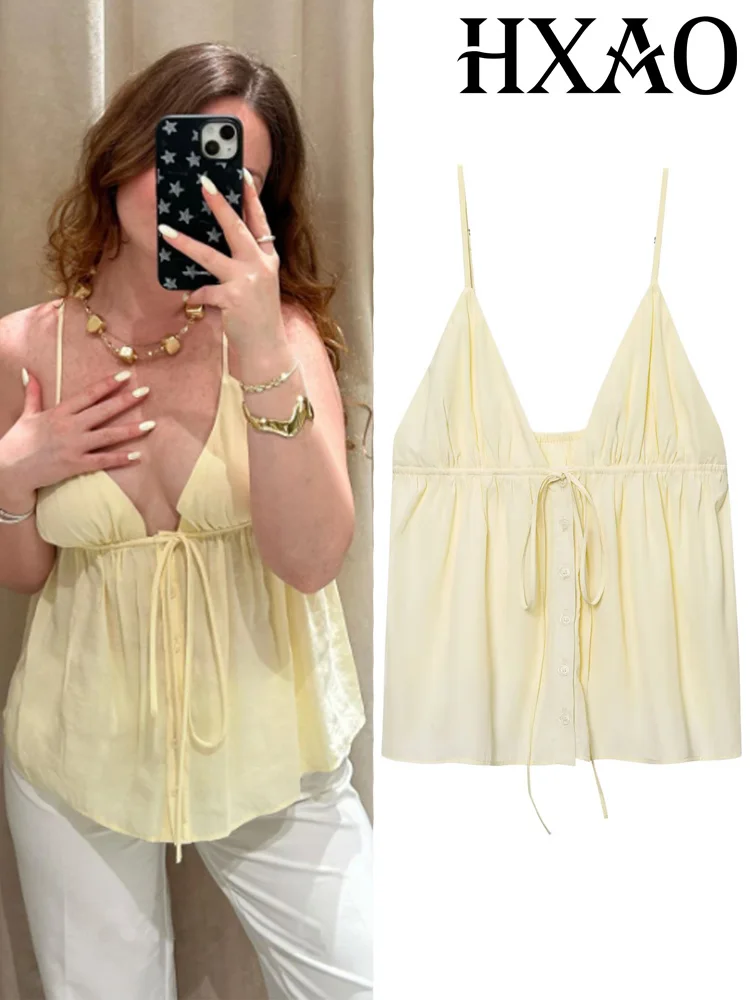 

HXAO слипоны, женский укороченный топ с бантом, без рукавов, с лямкой на шее, женские желтые летние майки и топы на бретельках, женский корсет на шнуровке