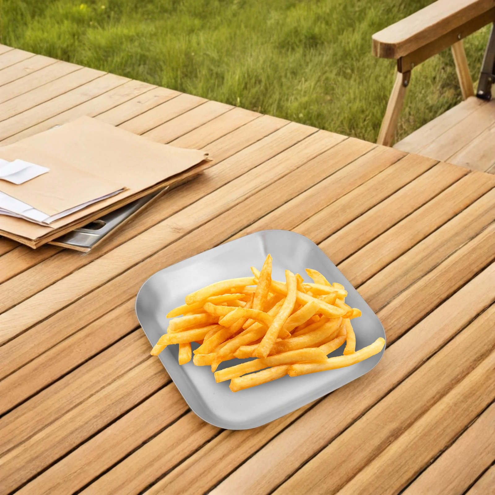 

Stainless Steel Square Plate Durable Bbq Serving Dish For Outdoor Camping Grilled Meat Fried Chicken French Fries Reusable Metal