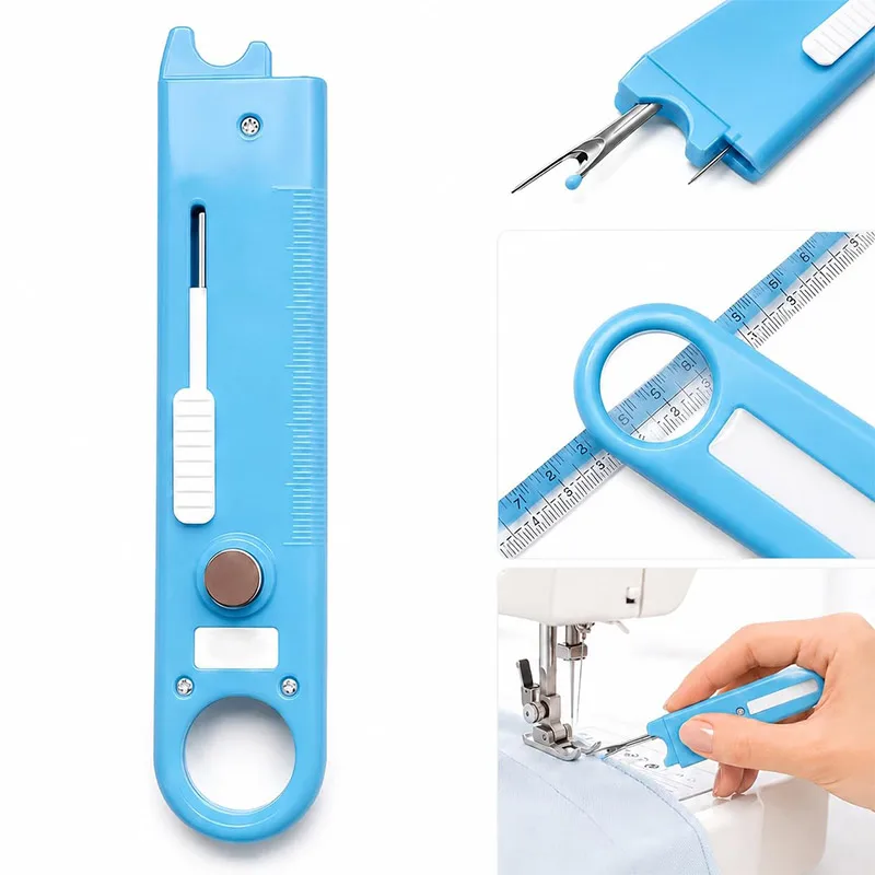 4-in-1 Sewing Tool Needle Threader, Magnifying Lens Measuring Scale Seam Ripper Extra Needles Hand‑held Sewing Repair Gadget