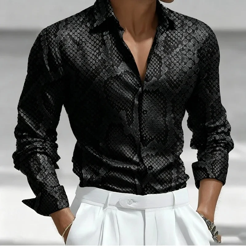 Men's Snakeskin Pattern Long-Sleeved Shirt, Retro Python Scale Print, Slim Fit, Turn-Down Collar, Trendy Casual Shirt