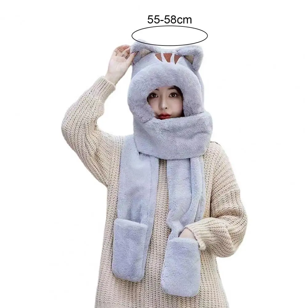 Women Hat Solid Color Cat Ears Design Thickened 3-In-1 Faux Fur Windproof Plush Thermal Hat Scarf Gloves Outdoor Wear