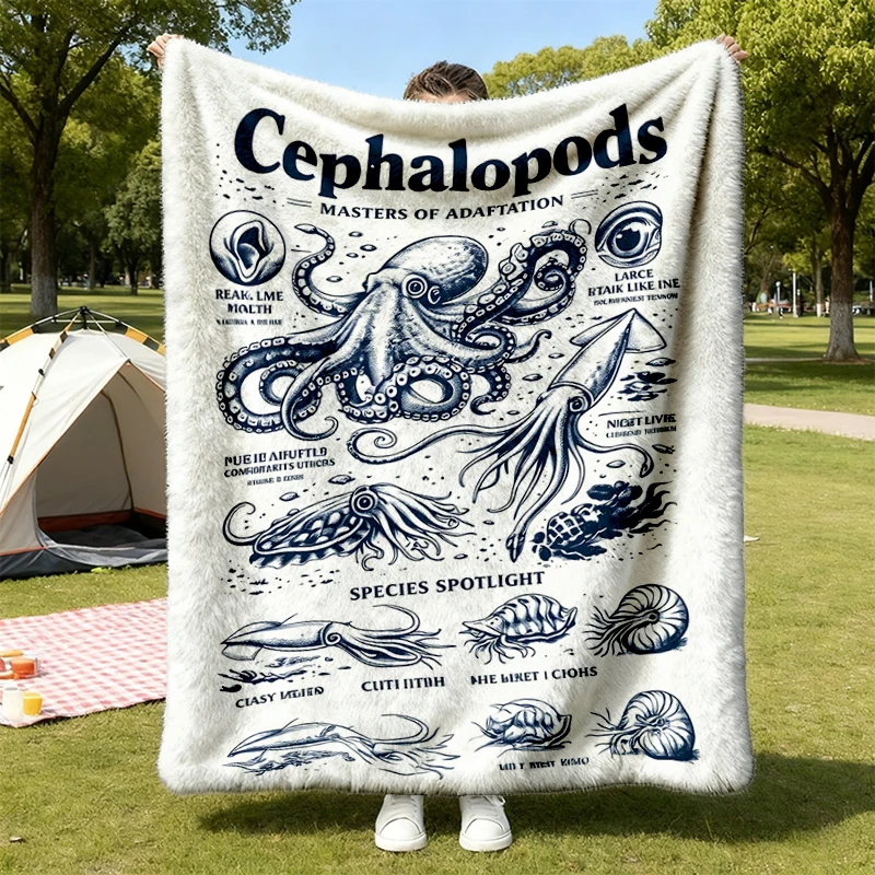 Cephalopods Vintage Science Flannel Blanket, Retro Marine Biology Graphic Flannel Throw, Ocean Nerd Gift
