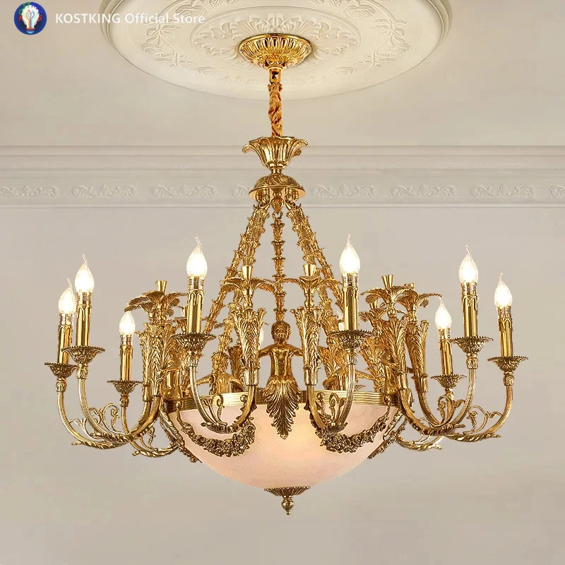 Designer French Villa Living Room Copper Candle Chandelier Home Decor European Retro Dome Brass Glass Pendant Light