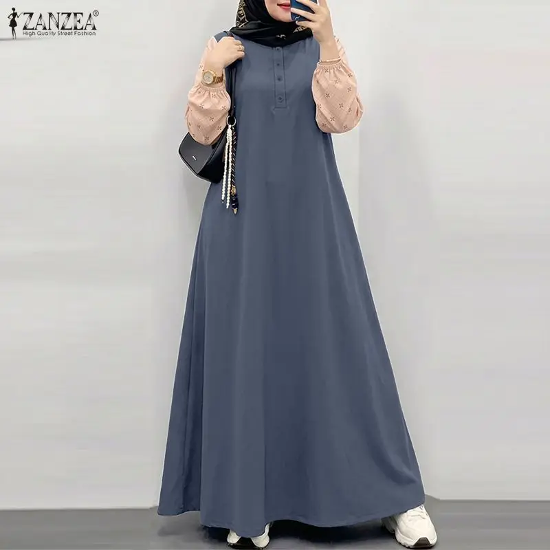ZANZEA Muslim Abaya Robe Femme Women Patchwork Maxi Dresses Casual O Neck Long Sleeve Loose Ramadan Sundress Kaftan Hijab Dress