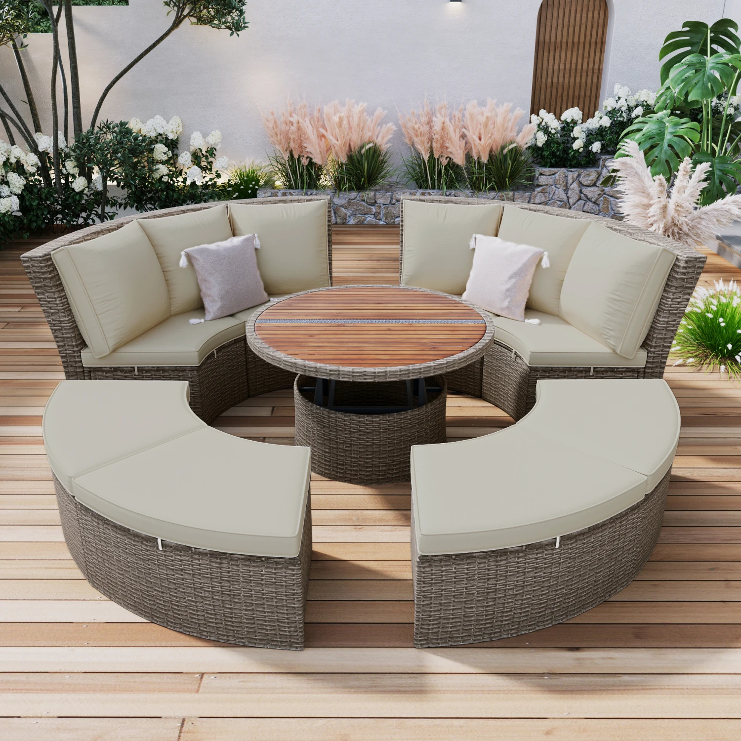 

TOPMAX Patio 5-Piece Round Rattan Sectional Sofa Set - All-Weather PE Wicker Sunbed Daybed with Round Liftable Table and Washabl