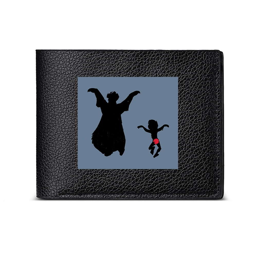 Silhouette Of A Figure And Child In Motion On Black Wallet With Gray Background
