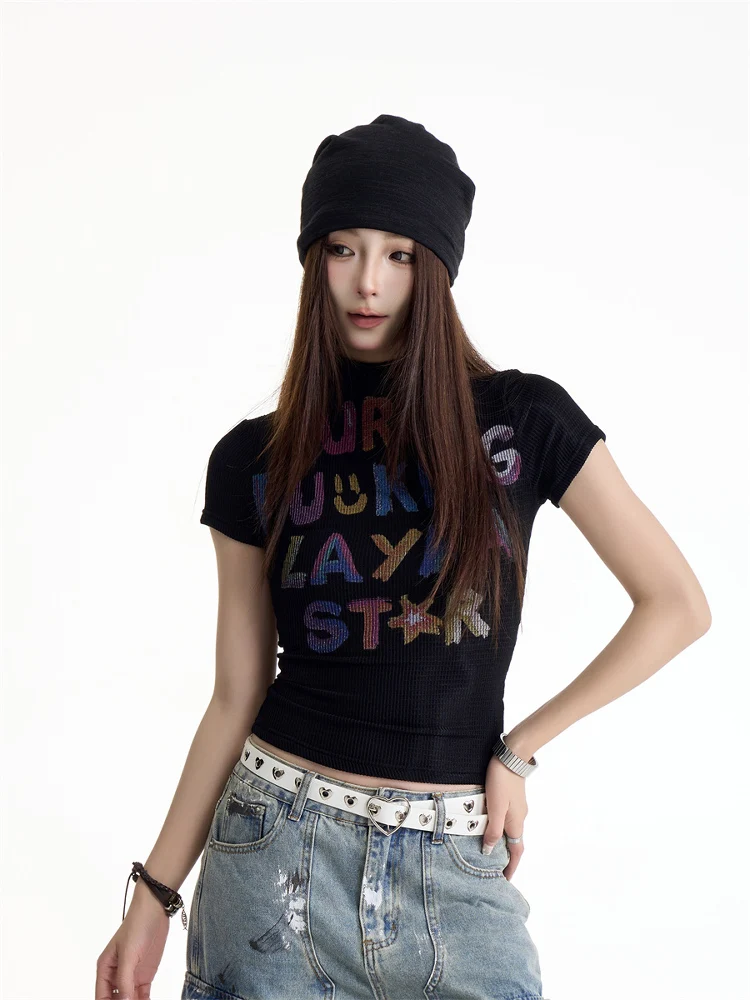 

Slim Fit Street Style T-Shirt Women's Short Sleeve Letter Print Casual Summer Top Breathable Moisture Wicking round Neck Tagkita