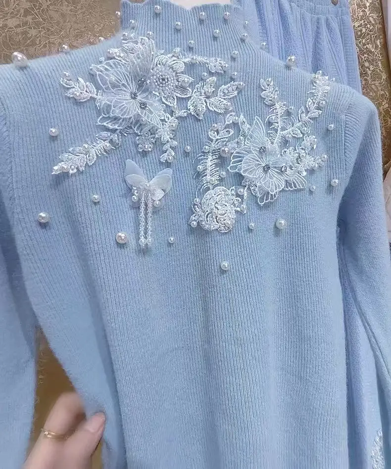 Pull coupe couvertes pour femme, pulls à fond, point de fleurs, perles de poires, tricots d'automne et d'hiver, style de luxe