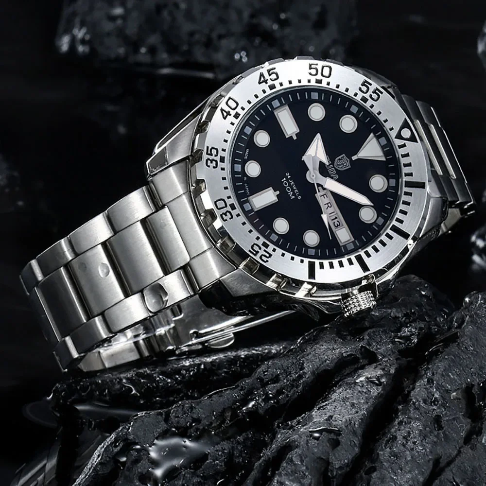 Orologio al quarzo da uomo serie Submariner quadrante da 45 mm con movimento Miyota calendario settimanale luminoso cinturino in acciaio e silicone 3ATM