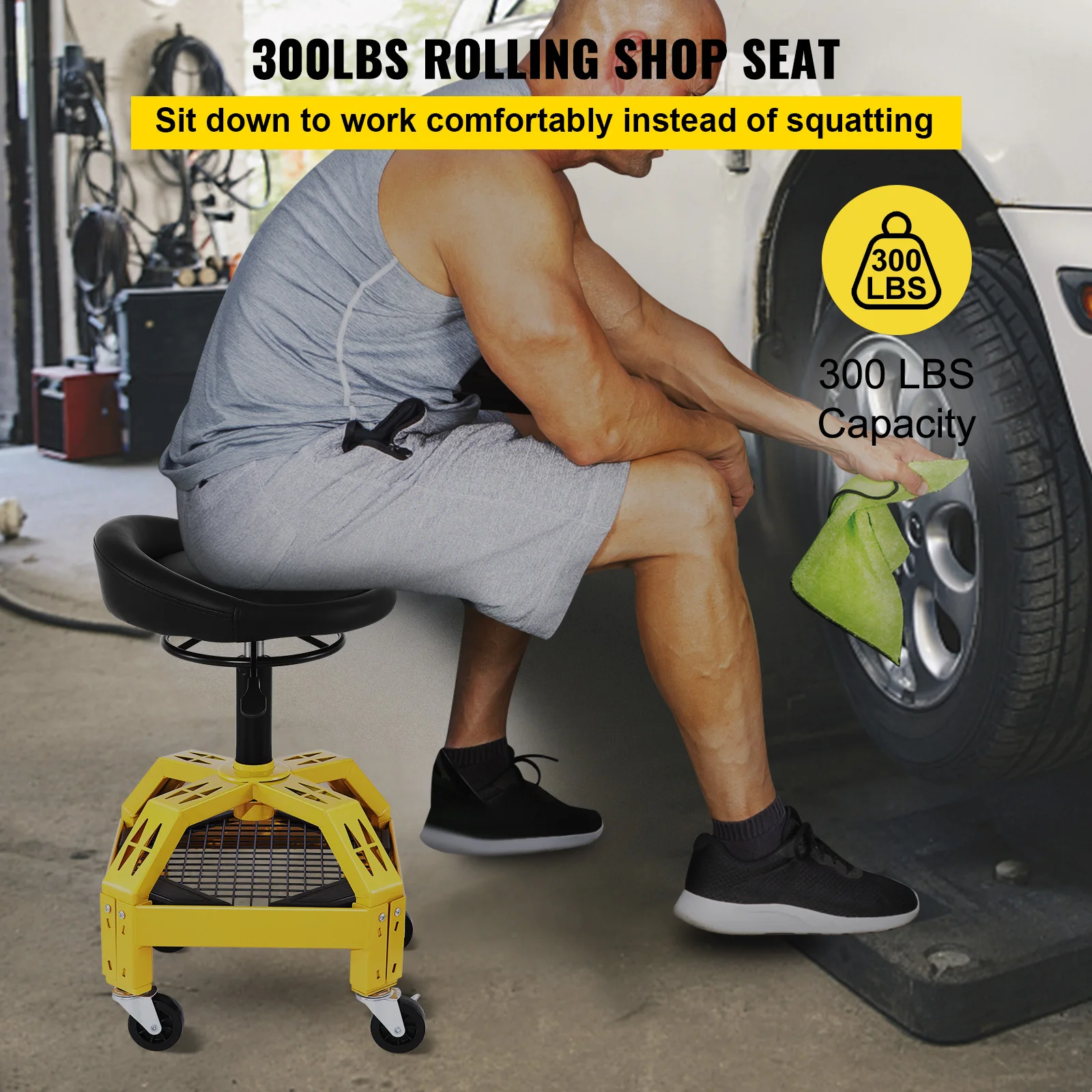 VEVOR Mechanic Stool 300 LBS Rolling Pneumatic Creeper Garage/Shop Seat Padded Rolling Workshop Stool for Garage Auto Repair