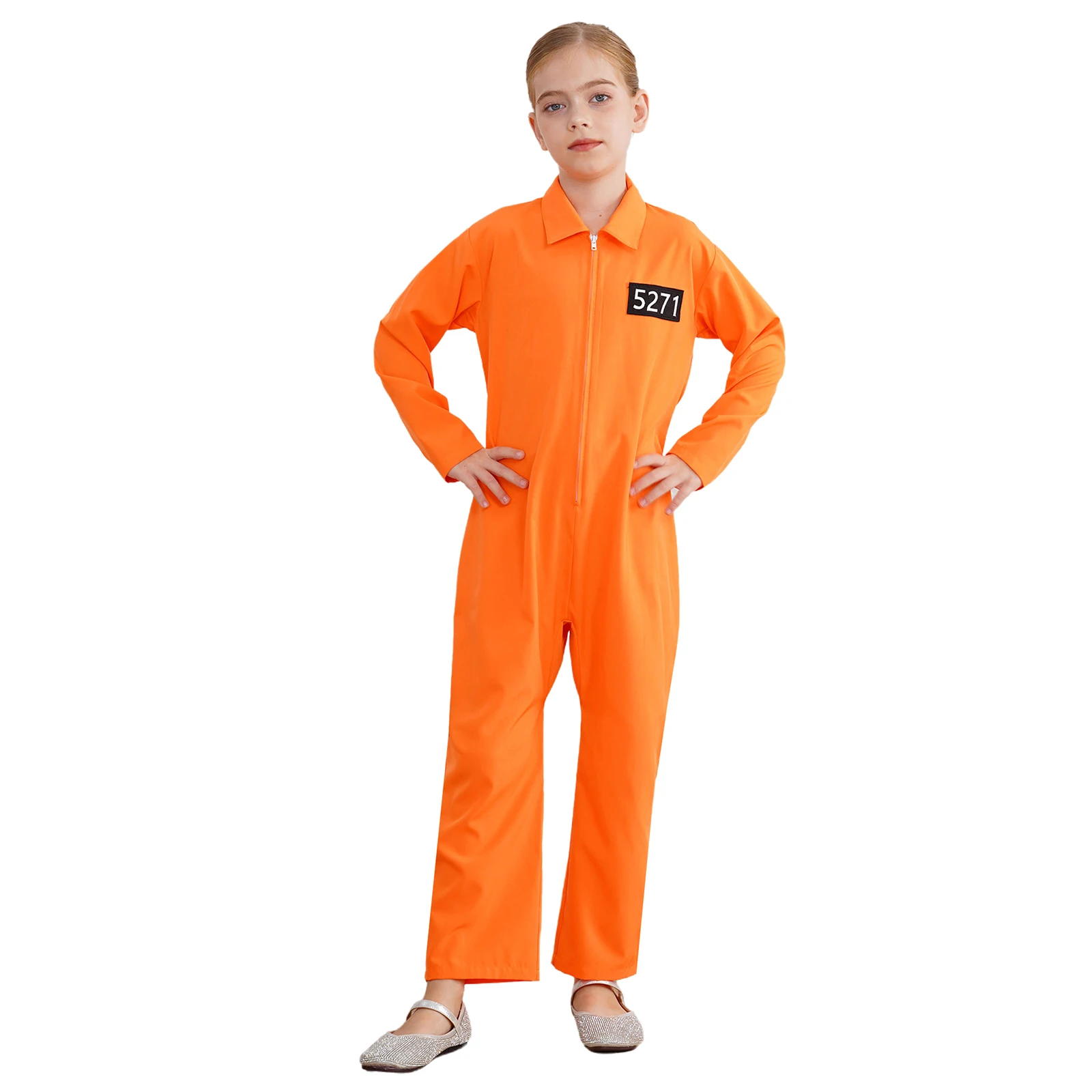 Prisoner Costume Girls One Piece Long Sleeve Zipper Jumpsuit Jailbird Inmate Prison Uniform for Halloween Themed Party Cosplay