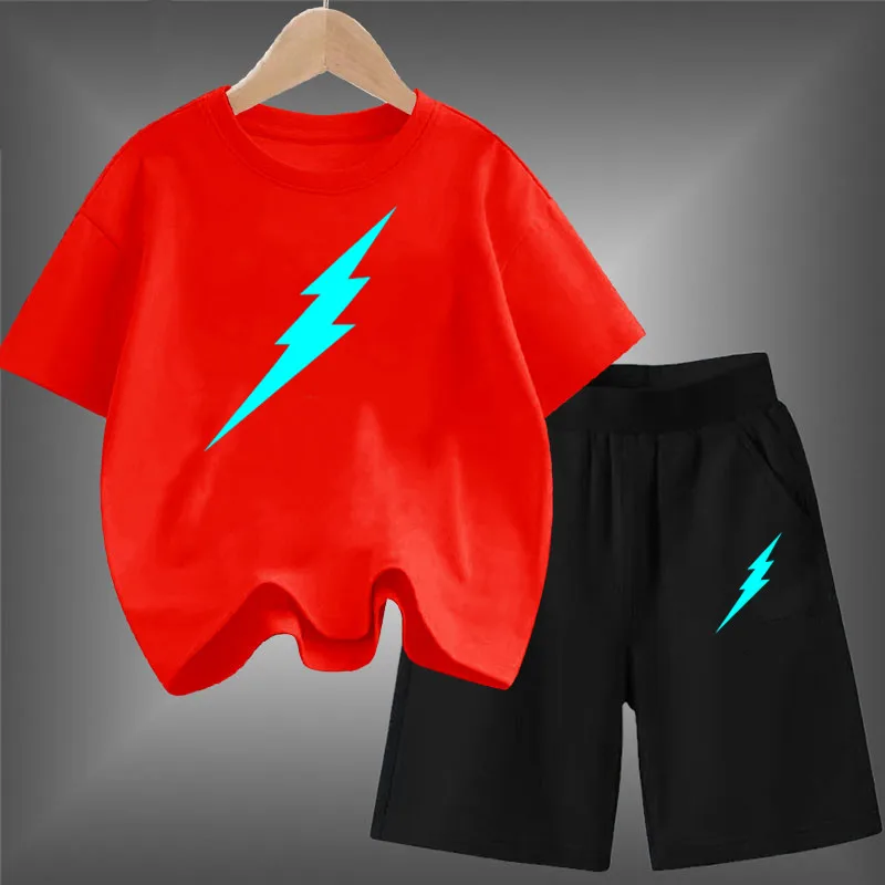 Kids Summer Brand 2pcs Short Sleeve T-shirts+Short Pants Suits 3-14 Years Boys Girls Casual Outfits Children Luminous Clothes