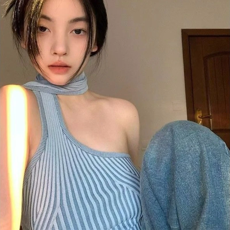 

Niche Korean Fashion Summer Lrregular Halter Camisole Y2k Aesthetic Knitted All Match High Street Girl Tank Top Striped Lazy Top