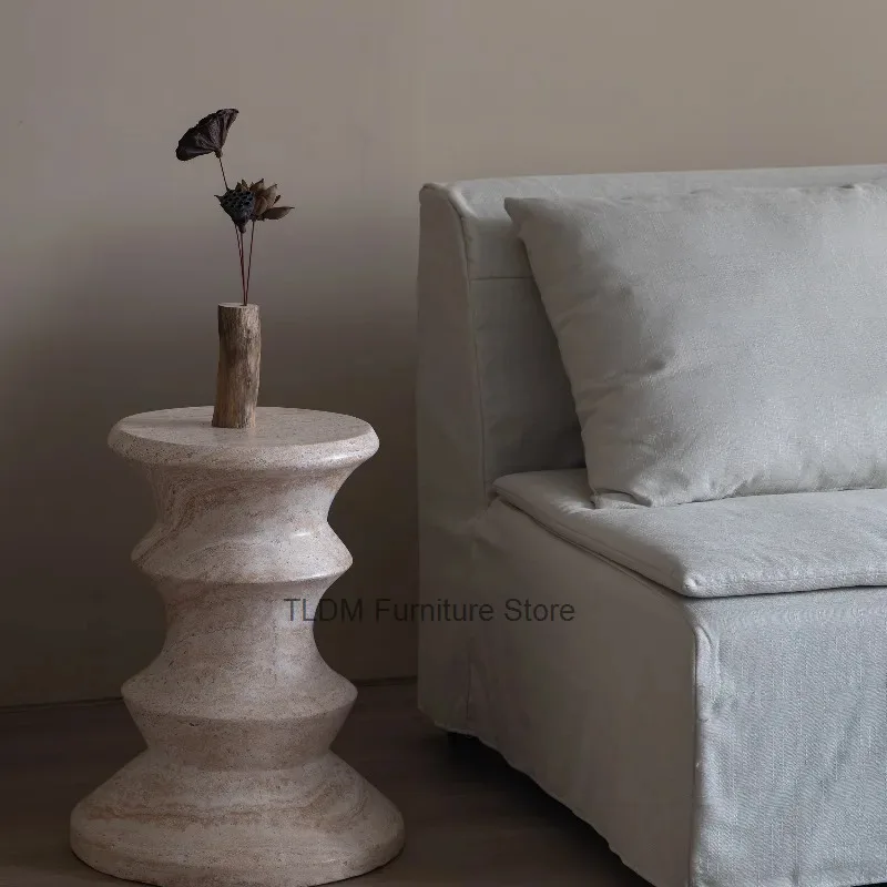 Shape Wabi Sabi Imitation Hourglass Travertine Side Table Round Hand Carved Wavy Twist Smooth Tabletop Sofa Corner Coffee Table