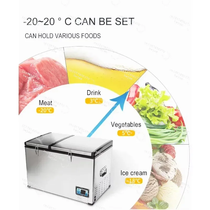 

Портативный электрический холодильник-морозильник 100 л для кемпинга, автофургонов и автомобилей, 240В/12В, металлический, с компрессором, сертификат CE