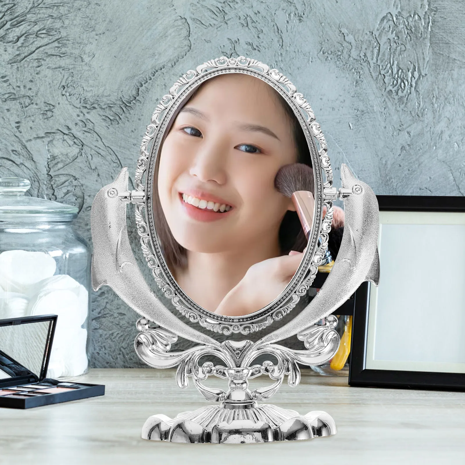 

Двустороннее вращающееся зеркало для макияжа с 1-кратным и 10-кратным увеличением для туалетного столика, ванной комнаты, путешествий и домашнего использования