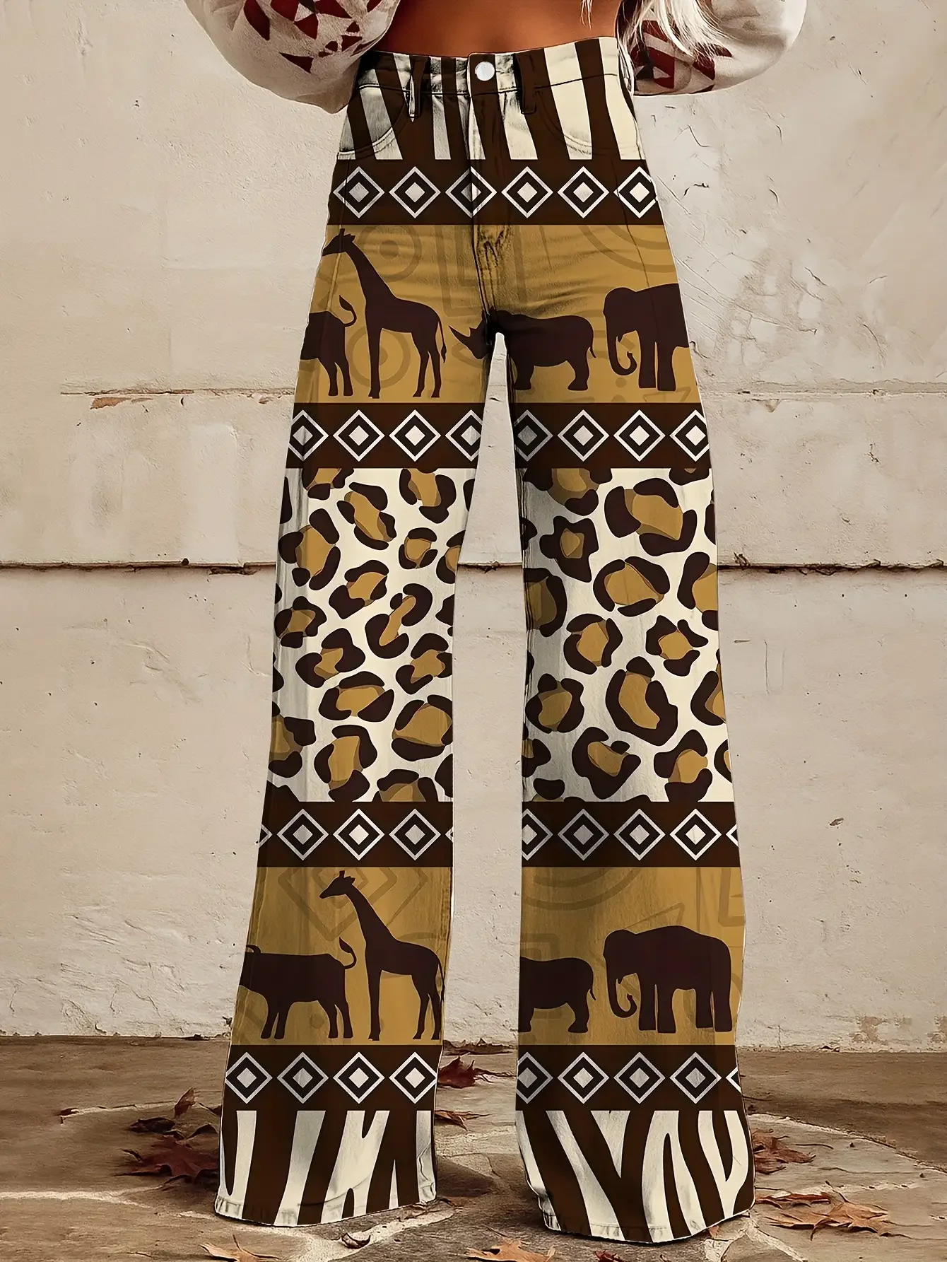 

Women's new casual jeans with a variety of colorful western prints, loose wide leg design, Leopard giraffe pattern