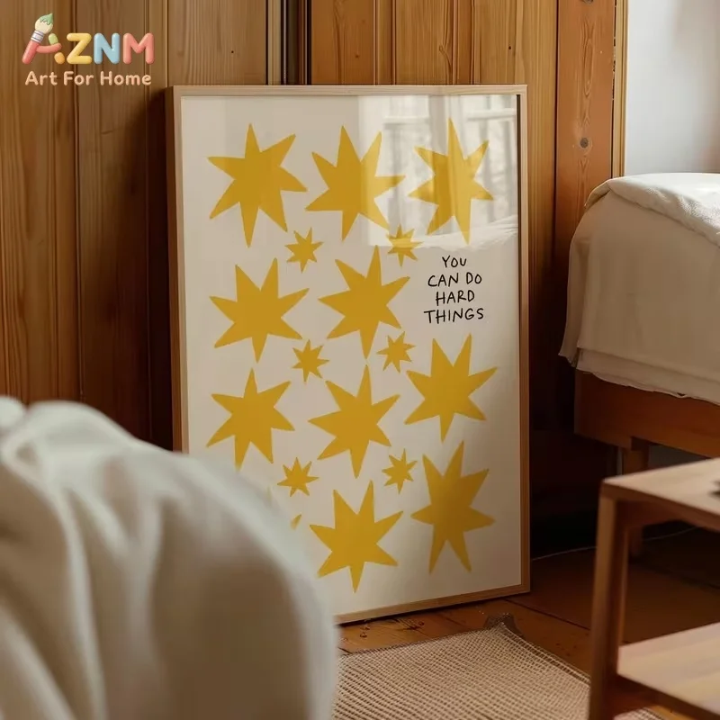 AZNM Yellow Star Motivational Quote Canvas Wall Art You Can Do Hard Things Minimalist Abstract Unframed Canvas Print Bedroom Liv